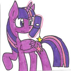 Size: 596x595 | Tagged: safe, artist:cmara, twilight sparkle, alicorn, pony, g4, cellphone, female, glowing horn, horn, levitation, magic, phone, solo, telekinesis, traditional art, twilight sparkle (alicorn)