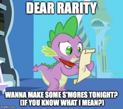 Size: 436x386 | Tagged: safe, edit, edited screencap, screencap, rarity, spike, dragon, friendship is magic, g4, caption, female, image macro, implied foalcon, implied sex, innuendo, letter, male, meme, quill, rarity is a marshmallow, scroll, ship:sparity, shipping, solo, spike's love letters, straight, tongue out, twilight's canterlot home, window