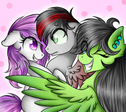 Size: 2500x2233 | Tagged: safe, artist:twotiedbows, oc, oc only, pegasus, pony, ear piercing, female, floppy ears, high res, hug, looking at each other, male, mare, one eye closed, piercing, smiling, spread wings, stallion, winghug, wink