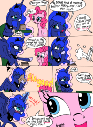 Size: 2202x3008 | Tagged: safe, artist:darkest-lunar-flower, pinkie pie, princess luna, alicorn, earth pony, pony, g4, angry, blushing, comic, dialogue, duo, female, high res, hurricane of puns, magic, mare, nope, open mouth, paper bag, pointing, pun, sick, smiling, speed lines, spread wings, stomach ache, stomach noise, tummy ache, vomiting