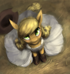 Size: 957x1017 | Tagged: safe, artist:bakuel, applejack, g4, alternate hairstyle, boots, clothes, cowboy hat, female, hat, looking up, sitting, solo, stetson, white dress