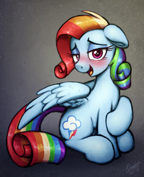 Size: 1594x1961 | Tagged: safe, artist:selenophile, rainbow dash, pegasus, pony, g4, alternate hairstyle, bedroom eyes, blushing, cute, female, looking at you, mare, open mouth, rainbow fash, raised hoof, rarity hair, sitting, solo, wings
