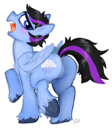 Size: 879x1000 | Tagged: safe, alternate version, artist:deep mystery, oc, oc only, oc:glacier wind, pegasus, pony, background removed, blushing, commission, featureless crotch, male, solo, stallion, underhoof, unshorn fetlocks, wingding eyes, ych result