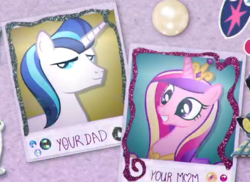 Size: 618x451 | Tagged: safe, screencap, princess cadance, shining armor, crystal pony, crystal unicorn, pony, a canterlot wedding, g4, alternate hairstyle, baby flurry heart's heartfelt scrapbook, crystal shining armor, crystallized, female, male, mare, scrapbook, ship:shiningcadance, shipping, stallion, straight