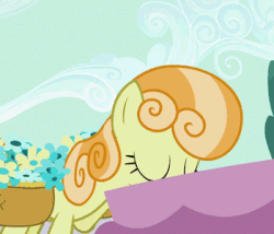 Size: 350x300 | Tagged: safe, screencap, junebug, earth pony, pony, g4, secret of my excess, animated, background characters doing background things, cropped, cute, drinking, eyes closed, female, flower, fountain, gif, horses doing horse things, mare, ponyville, smiling, solo