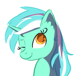 Size: 600x600 | Tagged: safe, artist:cheshiresdesires, lyra heartstrings, pony, unicorn, g4, bust, colored pupils, ear fluff, female, one eye closed, portrait, simple background, smiling, solo, white background, wink