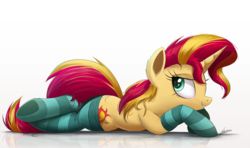 Size: 3744x2209 | Tagged: safe, artist:ncmares, sunset shimmer, pony, unicorn, g4, bedroom eyes, clothed ponies, clothes, colored pupils, crossed legs, female, grin, high res, horn, looking at you, lying down, mare, pinup, prone, reflection, signature, simple background, smiling, socks, sockset shimmer, solo, striped socks, stupid sexy sunset shimmer, underhoof, wallpaper, white background