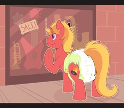 Size: 1280x1111 | Tagged: safe, artist:cuddlehooves, oc, oc only, oc:audio stutter, pony, unicorn, diaper, guitar, musical instrument, non-baby in diaper, poofy diaper, saxophone, solo, tambourine, trumpet