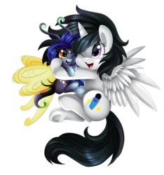 Size: 2370x2537 | Tagged: safe, artist:pridark, oc, oc only, alicorn, breezie, pony, alicorn oc, commission, cute, floating, high res, hug, one eye closed, open mouth, simple background, transparent background