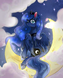 Size: 677x835 | Tagged: safe, artist:dream candy, princess luna, alicorn, pony, g4, crescent moon, female, moon, sitting, sitting on the moon, solo, stars, tangible heavenly object, transparent moon