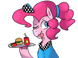 Size: 1280x960 | Tagged: safe, artist:universe-fairy, pinkie pie, earth pony, pony, g4, alternate hairstyle, burger, female, food, french fries, hilarious in hindsight, juice, one eye closed, platter, server pinkie pie, simple background, solo, tongue out, waitress, white background, wink