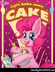 Size: 617x800 | Tagged: safe, artist:clouddg, pinkie pie, princess celestia, alicorn, earth pony, pony, g4, batter, bowl, cake, cakelestia, cute, diapinkes, ear fluff, food, looking at you, mixing, open mouth, signature, solo focus