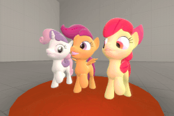Size: 720x480 | Tagged: safe, artist:fillerartist, apple bloom, scootaloo, sweetie belle, g4, 3d, animated, cutie mark crusaders, dancing, female, loop, source filmmaker, stage.bsp, trio, trotting, trotting in place
