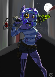 Size: 822x1148 | Tagged: safe, artist:overkenzie, oc, oc only, oc:violet reverie, unicorn, anthro, bra strap, clothes, fallout, female, filly, moon, multiplas rifle, night, shorts, solo, stockings, sweater, teenager, torn clothes