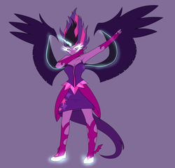 Size: 2000x1925 | Tagged: safe, artist:jonfawkes, sci-twi, twilight sparkle, equestria girls, g4, my little pony equestria girls: friendship games, armpits, clothes, dab, dress, female, fingerless gloves, gloves, glowing eyes, horn, jewelry, midnight sparkle, necklace, purple background, simple background, solo, wings