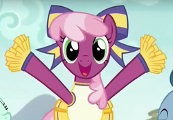 Size: 706x492 | Tagged: safe, screencap, cheerilee, pony, the cart before the ponies, bow, cheeribetes, cheerileeder, cheerleader, clothes, cute, hair bow, pleated skirt, pom pom, skirt