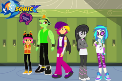 Size: 900x600 | Tagged: safe, artist:trungtranhaitrung, dj pon-3, octavia melody, vinyl scratch, equestria girls, g4, blushing, charmy bee, crossover, espio the chameleon, humanized, logo, male, sonic the hedgehog, sonic the hedgehog (series), vector the crocodile