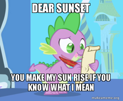 Size: 554x454 | Tagged: safe, edit, edited screencap, screencap, spike, sunset shimmer, dragon, friendship is magic, g4, caption, image macro, letter, makeameme.org, male, meme, quill, scroll, spike's love letters, tongue out, twilight's canterlot home, window
