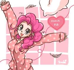 Size: 2048x1939 | Tagged: safe, artist:miku sky, pinkie pie, human, g4, clothes, cute, diapinkes, feather, female, heart, humanized, open mouth, pajamas, pillow, solo