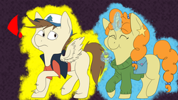 Size: 1920x1080 | Tagged: safe, artist:wlemin, pound cake, pumpkin cake, pegasus, pony, unicorn, g4, cake twins, clothes, dipper pines, gravity falls, mabel pines, male, older, older pound cake, older pumpkin cake, parody