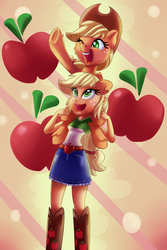 Size: 2000x3000 | Tagged: safe, artist:discorded, applejack, human, equestria girls, g4, boots, clothes, cowboy boots, cowboy hat, cute, denim skirt, hat, high res, human ponidox, jackabetes, legs, open mouth, paradox, piggyback ride, ponies riding humans, riding, self ponidox, self riding, skirt, stetson