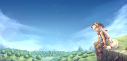 Size: 1699x816 | Tagged: safe, artist:balade, applejack, earth pony, anthro, g4, cliff, female, scenery, solo, tree