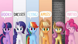 Size: 1920x1080 | Tagged: safe, artist:vanillaghosties, applejack, fluttershy, pinkie pie, rainbow dash, rarity, twilight sparkle, earth pony, pegasus, pony, unicorn, g4, apple, book, bookhorse, cute, existential crisis, eyes closed, female, frown, hat, horrified, mane six, mare, nihilism, obscured text, one of these things is not like the others, one word, open mouth, philosophy, smiling, speech bubble, that pony sure does love apples, that pony sure does love books, that pony sure does love dresses, that pony sure does love parties, unicorn twilight, wide eyes