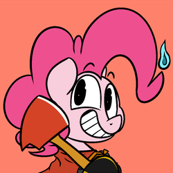 Size: 500x500 | Tagged: safe, alternate version, artist:pink-dooples, pinkie pie, g4, axe, crossover, female, menacing, pinkie pyro, red background, simple background, smiling, solo, team fortress 2, weapon