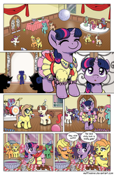 Size: 1200x1845 | Tagged: safe, artist:muffinshire, moondancer, twilight sparkle, oc, oc:bumble breeze, oc:lemon burst, oc:orange twist, oc:swirling star, unnamed oc, earth pony, pegasus, pony, unicorn, comic:twilight's first dance, balloon, bow, bowtie, cake, clothes, colt, comic, dancing, dexterous hooves, dialogue, disco ball, dress, drum kit, drums, electric guitar, female, filly, filly twilight sparkle, food, glowing horn, guitar, hat, hoof polish, levitation, magic, magic aura, male, microphone, microphone stand, musical instrument, overdressed, party hat, party horn, punch (drink), punch bowl, speech bubble, tail bow, telekinesis, underhoof