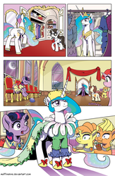Size: 1200x1845 | Tagged: safe, artist:muffinshire, princess celestia, raven, twilight sparkle, oc, oc:lemon burst, oc:orange twist, oc:swirling star, alicorn, earth pony, pony, unicorn, comic:twilight's first dance, clothes, comic, dress, dumbfounded, female, filly, filly twilight sparkle, majestic as fuck, mare in the moon, moon, no dialogue, overdressed, sad, sillestia, surprised