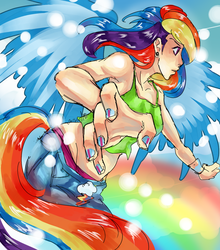 Size: 1124x1280 | Tagged: safe, artist:thepandacaffe, rainbow dash, human, g4, action pose, armpits, clothes, ear piercing, earring, female, fingernails, humanized, jewelry, nail polish, piercing, sketchy, solo, tailed humanization, tank top, winged humanization