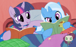 Size: 3328x2048 | Tagged: safe, artist:miwataoreta, trixie, twilight sparkle, pony, unicorn, g4, female, mare, reading