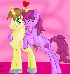 Size: 1024x1069 | Tagged: safe, artist:some-pegasister, berry punch, berryshine, donut joe, earth pony, pony, unicorn, g4, berryjoe, bipedal, bipedal leaning, blushing, duo, eyes closed, female, heart, leaning, male, mare, shipping, smiling, stallion, straight