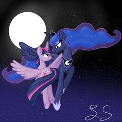 Size: 1024x1027 | Tagged: safe, artist:some-pegasister, princess luna, twilight sparkle, alicorn, pony, g4, bedroom eyes, duo, female, flying, full moon, lesbian, mare, moon, night, ship:twiluna, shipping, stars, twilight sparkle (alicorn)