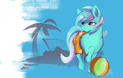 Size: 1456x928 | Tagged: safe, artist:tangomangoes, lyra heartstrings, g4, beach ball, clothes, female, palm tree, shorts, solo, tree, volleyball net