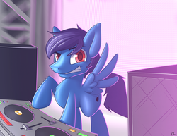 Size: 3300x2550 | Tagged: safe, artist:dmann892, oc, oc only, oc:garnika, pegasus, pony, chest fluff, disc jockey, dj table, dreamworks face, high res, looking at you, pegasus oc, smiling, smiling at you, solo, speaker, turntable