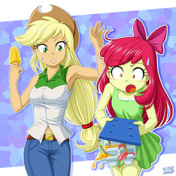 Size: 1200x1200 | Tagged: safe, artist:uotapo, apple bloom, applejack, human, equestria girls, g4, armpits, belly button, breasts, clothes, colored pupils, cowboy hat, dress, duo, female, food, hat, jeans, oops, open mouth, pants, popsicle, siblings, signature, sisters, spill, stetson, tray