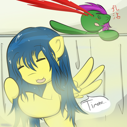 Size: 1024x1024 | Tagged: safe, artist:chaikeon, oc, oc only, pony, blood, crossover, duo, izumi konata, lucky star, nosebleed, ponified, shower, timotei, wet, wet mane