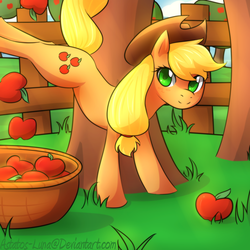 Size: 1024x1024 | Tagged: safe, artist:astatos-luna, applejack, earth pony, pony, g4, apple, applebucking, applejack mid tree-buck facing the right with 3 apples falling down, applejack mid tree-buck with 3 apples falling down, basket, bucking, female, fence, food, solo, tree