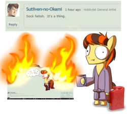 Size: 800x735 | Tagged: safe, artist:piemations, oc, oc only, oc:pen, pony, semi-anthro, burning, clothes, comments, deviantart, fetish, fire, gasoline, it had to be done, meta, mug, robes, socks, wide eyes