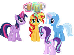 Size: 5604x4223 | Tagged: safe, artist:osipush, starlight glimmer, sunset shimmer, trixie, twilight sparkle, alicorn, pony, unicorn, g4, absurd resolution, butt, cider, commission, crossover, magic, magical quartet, magical quintet, magical trio, mug, plot, toast, twilight sparkle (alicorn), twilight's counterparts