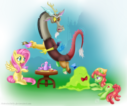 Size: 1200x1000 | Tagged: safe, artist:swanlullaby, discord, fluttershy, smooze, tree hugger, g4, cute, open mouth, shyabetes, tea party