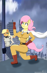 Size: 1340x2100 | Tagged: safe, artist:jessesmash32, applejack, fluttershy, anthro, g4, :i, clothes, cosplay, costume, genos, one punch man, saitama, we bought two cakes, wig