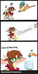 Size: 920x1800 | Tagged: safe, artist:jessesmash32, arizona (tfh), velvet (tfh), cow, deer, reindeer, them's fightin' herds, baneposting, cloven hooves, comic, community related, dialogue, female, knock out, milk, tongue out, udder, udder smash, unconscious, wat, weaponized udder, x eyes