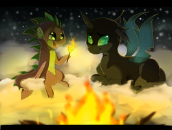Size: 1600x1200 | Tagged: safe, artist:96paperkuts, spike, thorax, changeling, dragon, g4, the times they are a changeling, cute, fire, spikabetes, thorabetes, torch