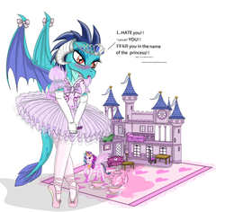 Size: 3500x3300 | Tagged: safe, artist:avchonline, princess ember, dragon, g4, ballerina, ballet slippers, blushing, canterlot royal ballet academy, castle, clothes, dress, embarrassed, en pointe, evening gloves, female, gloves, high res, jewelry, puffy sleeves, teacup, teapot, tiara, tights, tomboy taming, toy, tsundember, tsundere, tutu