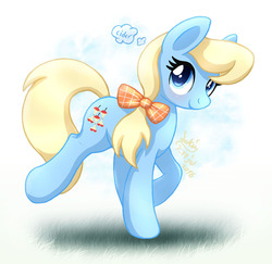 Size: 1130x1100 | Tagged: safe, artist:joakaha, apple cider (g4), earth pony, pony, g4, apple family member, background pony, blushing, bowtie, cute, female, mare, signature, solo