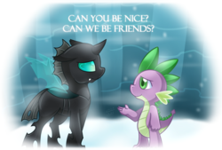 Size: 1400x947 | Tagged: safe, artist:vavacung, spike, thorax, changeling, dragon, g4, the times they are a changeling, floppy ears, frown, looking at each other, male, sad, smiling, snow