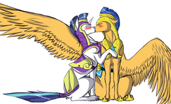 Size: 1024x622 | Tagged: safe, artist:minto-hameragi, flash sentry, shining armor, g4, blushing, gay, kiss on the lips, kissing, large wings, male, shiningsentry, shipping, spread wings, stallion, unshorn fetlocks, wings