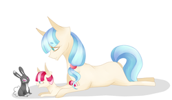 Size: 3811x2230 | Tagged: safe, artist:kittii-kat, coco pommel, oc, oc:primrose, rabbit, g4, high res, magical lesbian spawn, mother and daughter, offspring, parent:coco pommel, parent:roseluck